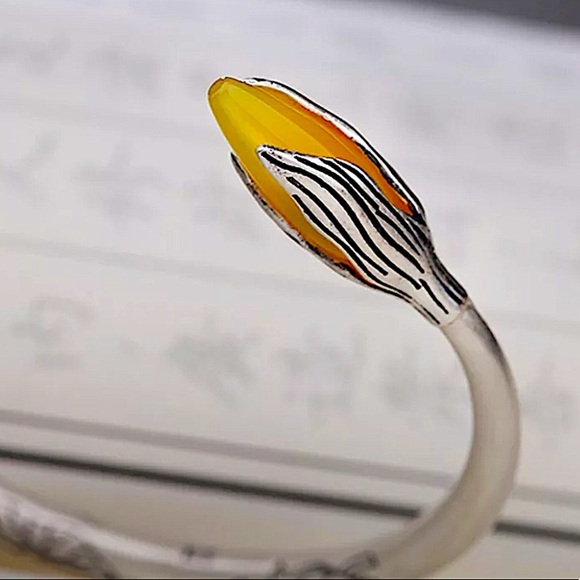 Handmade Jade Flower Sterling Silver Bangle Bracelet - Picture 4 of 11